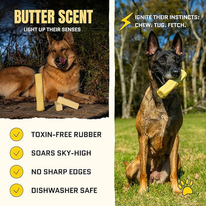 Virtually Indestructible Stick Dog Toy - Lifetime Replacement - Tough Durable Chew Toy for Aggressive Chewers - Safe Non-Toxic Natural Rubber - Chew & Fetch - Med/Large, 8”x2” - Butter Scent