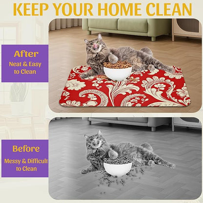 Red White Paisley Pet Food Mat, Absorbent Feeding Pad for Dogs and Cats, Waterproof Anti-Slip Base – 12x20 Inch
