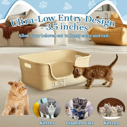 2 Pack Low Entry Kitty Litter Box for Small Cats, Kittens Litter Boxes with High Sides, Open Top, Anti-Splash Plastic Litter Pan for Medium Pets, Easy to Clean, 16.5" L*11.8" W*7" H (Apricot)