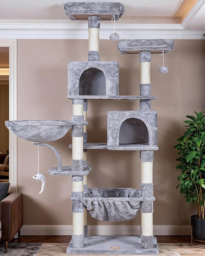 Heybly Cat Tree, 70 inches Tall Cat Tower Condo with Toy for Indoor Large Cats, Cat House Furniture with Padded Plush Perch, Cozy Hammock and Sisal Scratching Posts, Light Gray HCT032W