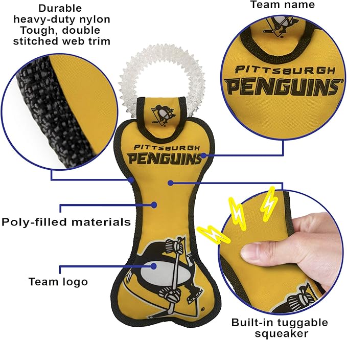 Pets First NHL Pittsburgh Penguins Dental Dog TUG Toy with Squeaker. Tough PET Toy for Healthy Fun, Teething & Cleaning Pet's Teeth & Gum., one Size (PEN-3310)