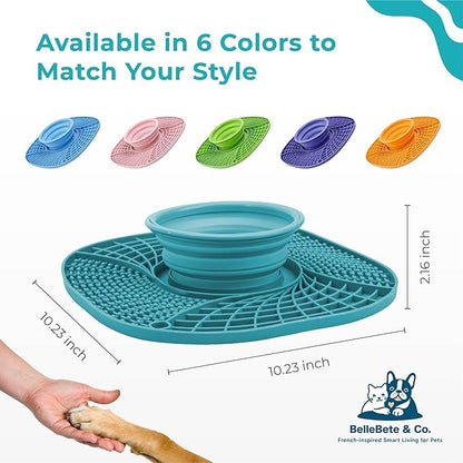 BelleBête & Co. 3-in-1 Pet Slow Feeder Lick Mat with Collapsible Bowl for Dog & Cat – Food-Grade Material & Non-Slip Base for Kibble, Dry and Wet Food, Digestive Health & Reduce Anxiety | Blue