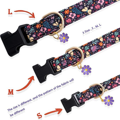 Faygarsle Cotton Designer Dogs Collar Cute Flower Dog Collars for Girl Female Small Medium Large Dogs with Purple Flower Charms M