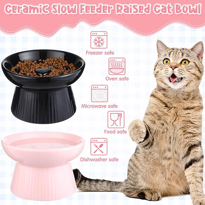 Tioncy 2 Pcs Raised Cat Slow Feeder Bowl Ceramic Elevated Cat Dog Food Bowl No Spill High Edge for Dry Wet Food and Water Easy to Clean, Dishwasher Safe (Black,Pink)