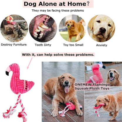 Dog Plush Toys,Cute Flamingo Durable Squeaky Teething Toys for Puppy, Interactive Stuffed Dog Chew Toys for Small-Large Dogs