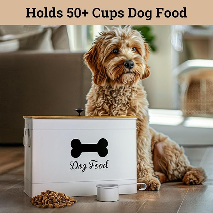 Dog Food Container Airtight 15 lb (50 Cup) Capacity with Metal Scoop - Cute Airtight Dog Food Storage Container with Bamboo Lid - White Metal Kibble Storage Bin for Dogs up to 100 lbs - Big Pet Jar