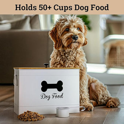 Dog Food Container Airtight 15 lb (50 Cup) Capacity with Metal Scoop - Cute Airtight Dog Food Storage Container with Bamboo Lid - White Metal Kibble Storage Bin for Dogs up to 100 lbs - Big Pet Jar