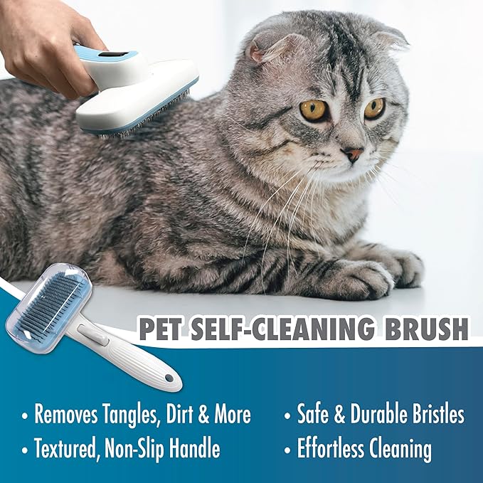 Pet Slicker Brush - Self Cleaning Brush for Dogs & Cats w/Retractable Bristles for All Hair Types - Massaging Pins Remove Tangles & Mats Painlessly - Durable Grooming Tool for Dogs & Cats