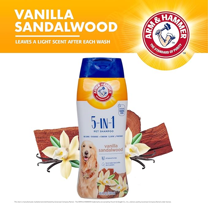Arm & Hammer for Pets 5-in-1 Dog Shampoo with Conditioner, Deodorizing Oatmeal Dog Shampoo with Aloe, Shea Butter, Baking Soda and Coat Care, Vanilla Sandalwood Scent, 20 Fl Oz