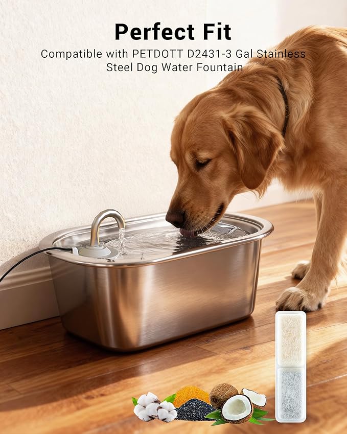 Replacement Filters for PETDOTT Dog Fountain, Water Filter, for Stainless Steel Pet Fountain for Large Dogs- Vertical Filtration for D2431 Lasts Two Months