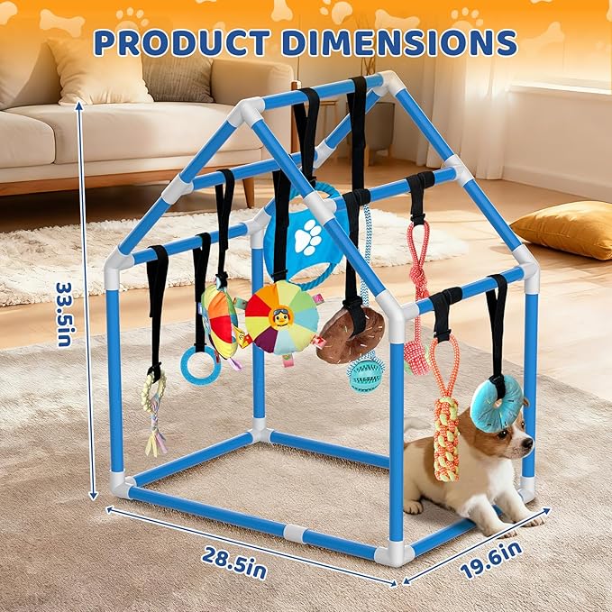Large Puppy Play Gym & 10 Hanging Toys Indoor Play Gym Interactive Dog Toys for Boredom Enrichment Activity for Small Dog Teething PVC Frame Stretchy Rope with Velcro (Blue,33.5 x 28.5 x 19.6 inch)