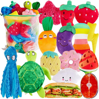Squeaky Dog Toys, Small Puppy Toys, Cute Interactive Pets Toys Bulk for Small Medium Dogs Soft Plush Dog Toy Squeakers Pet Teething Chewers Fruit Vegetables Animals Set 15 Packs
