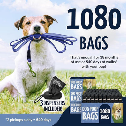 Reli. Dog Poop Bags Rolls (1080 Pack, 72 Rolls) | 9"x13" Poop Bags for Dogs | Unscented, Leak Proof for Doggie/Pet Waste Clean Up | Black | 3 Leash Clip Holders Included | Bulk