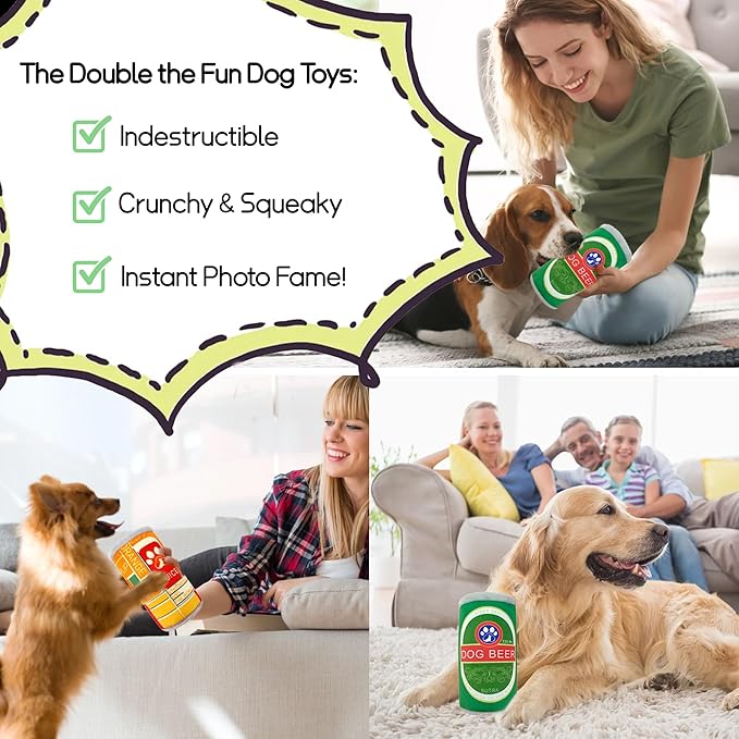 Squeaky Plush Dog Toys 2 Pack - Funny Beer Puppy Toys with Squeaker for Small Medium Large Dogs, Soft Stuffed Chew Toys for Birthday Gifts(Green&Orange)