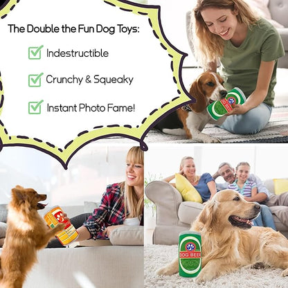 Squeaky Plush Dog Toys 2 Pack - Funny Beer Puppy Toys with Squeaker for Small Medium Large Dogs, Soft Stuffed Chew Toys for Birthday Gifts(Green&Orange)