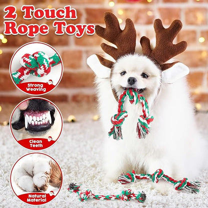 Christmas Dog Toys 9 Pack, Luxury Santa Puppy Chew Toy, Cotton Squeaky Plush Toys for Small Dogs, Durable Interactive Rope Treat Dog Ball and Bones, Rubber Teething Toys for Dogs Gifts