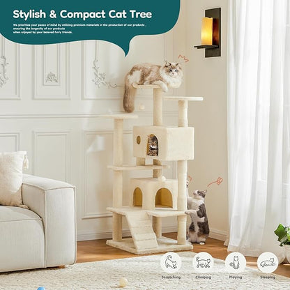 DUMOS 54-inch Indoor Cat Tree Tower –Multi-Level Pet House for Large Cats with 2 Condos, Scratching Posts, Round Platform, Small Ladder, and Toys, Beige