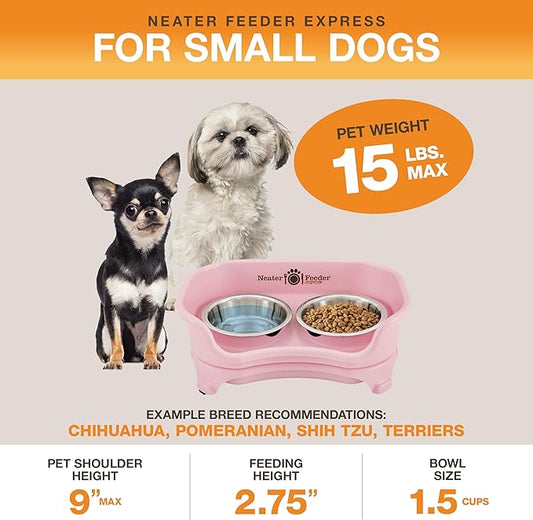 Neater Feeder Express Mess Proof Dog Bowls Elevated for Small Breeds Under 15 Lb, Made in USA, No Spill Raised Dog Food Bowl Stand, Stainless Steel Food and Water Bowl Set, Feeding Station, Pink