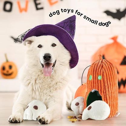 Nocciola Halloween Dog Toys 4 PCS, Pumpkin + 3 Skull Squeaky Dog Toy for Small Puppy Dog to Keep Them Busy, Durable Plush Hide and Seek Dog Toys for Small Medium Dogs