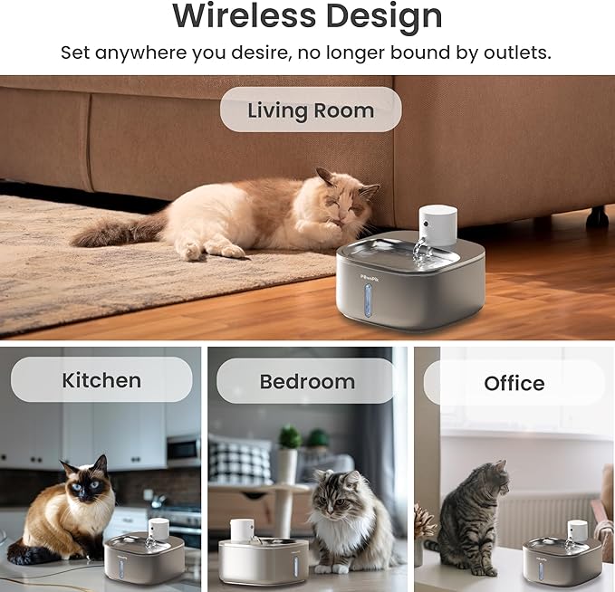 Pawspik Stainless Steel Cat Water Fountain,108 oz/3.2 L Cat Water Dispenser, Battery Operated Dog Fountain,Water Bowl, Automatic Pet Fountain with Motion Sensor, 5000 mAh Battery