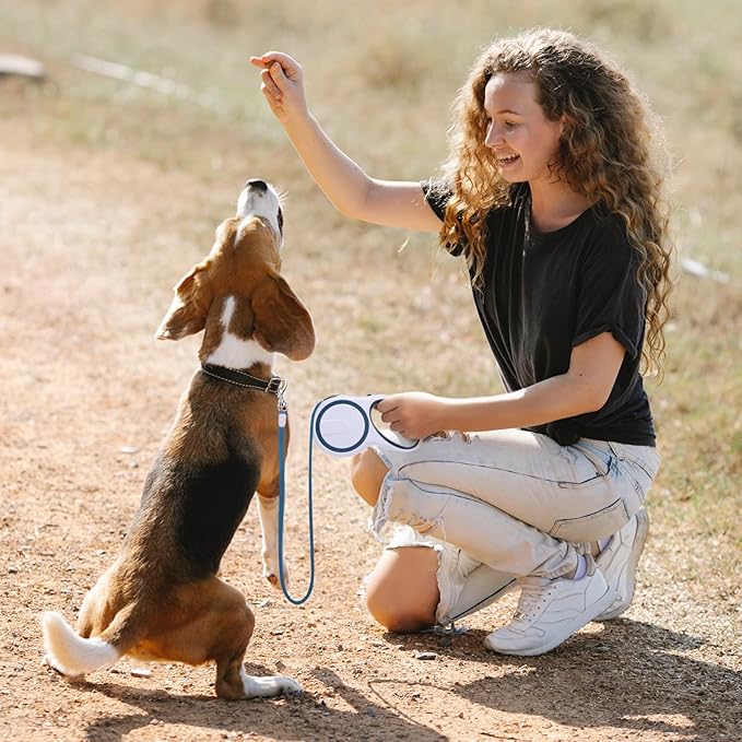 Segarty Extendable Leash, 16ft Heavy Duty Walking Dog Retractable Leash for Medium Small Dogs up to 44lb, Anti-Slip Handle 360°Tangle-Free Nylon Tape, One-Handed One Button Lock (Blue White)