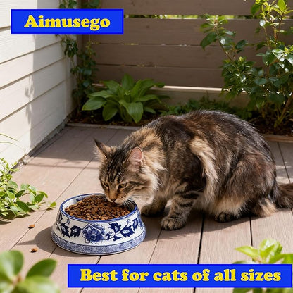 Aimusego Vintage Blue and White Chinoiserie Ceramic Cat Food Bowls Cat Bowls/Dishes for Food and Water,Dog Feeding Bowls, Dishwasher Safe 25OZ