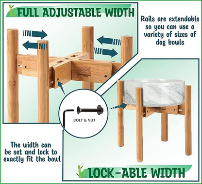 Dog Bowl Stand for Large Breed - Raise, Elevate Bowls to 14-inch High - Adjustable, Fits Any Single Pet Food/Water Feeders and Fountains - Durable Bamboo