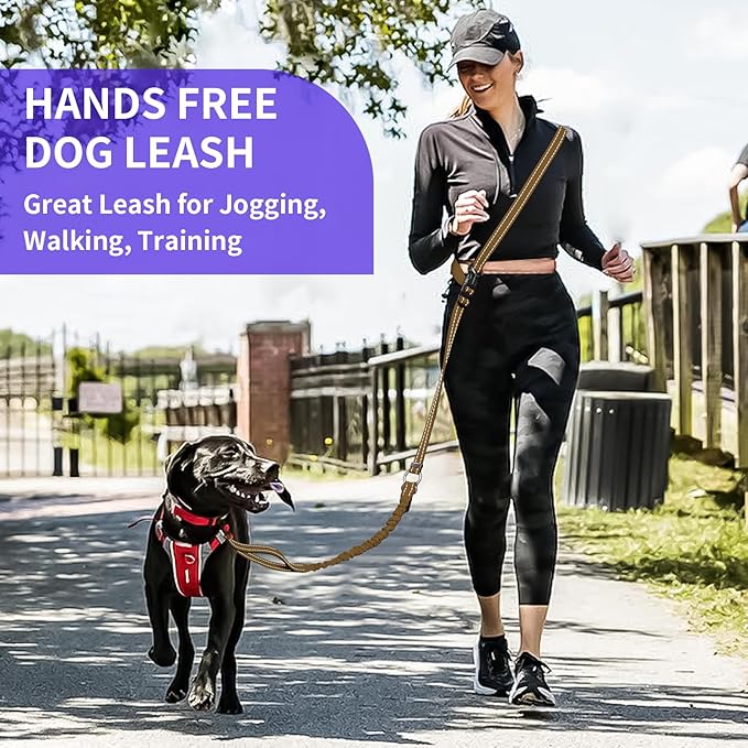 Kazazoo Hands-Free Dog Leash with 5.5-8.5FT Adjustable Length - Heavy Duty No Pull Bungee Design, Reflective Safety for Walking, Jogging & Training | Suitable for Medium to Large Dogs,M Size Brown