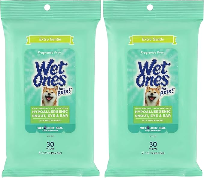 Wet Ones for Pets Extra Gentle Dog Wipes with Witch Hazel for Snout, Eye, Ear - Fragrance-Free Wipes with Wet Lock Seal, 30 Count (Pack of 2)
