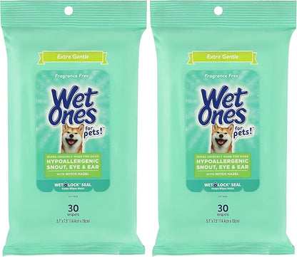 Wet Ones for Pets Extra Gentle Dog Wipes with Witch Hazel for Snout, Eye, Ear - Fragrance-Free Wipes with Wet Lock Seal, 30 Count (Pack of 2)