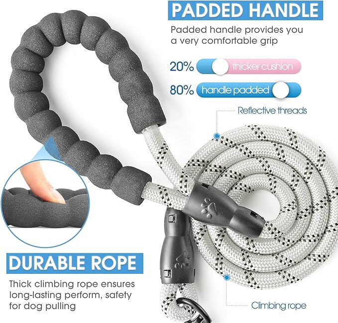 BAAPET 2/4/5/6 FT Dog Leash with Comfortable Padded Handle and Highly Reflective Threads for Small Medium and Large Dogs (5FT-1/2'', Silver)