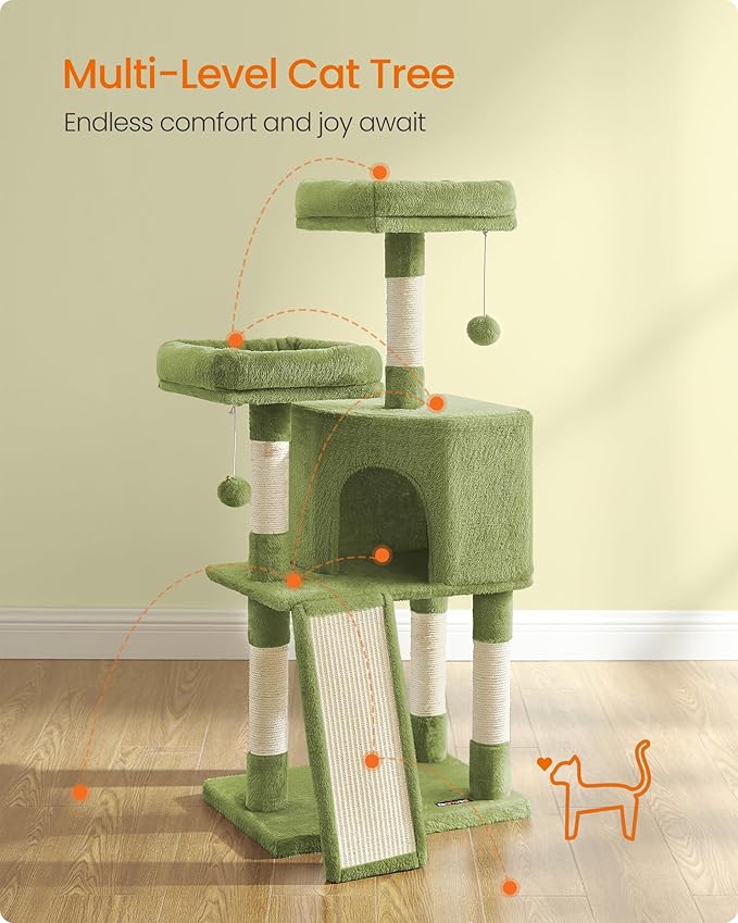 Feandrea Cat Tree, 45.3-Inch Cat Tower, Plush Condo with Scratching Post, Ramp, Perch, Spacious Cave, for Small Space, Grass Green UPCT141C01