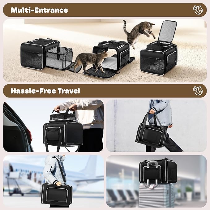 Top and 2 Sides Expandable Pet Carrier 17x11x9.5,TSA Airline Approved Small Dog Carriers for Small Dogs,Soft-Sided Cat Carrier with Self-Locking Zippers for Kitten,Rabbit,Puppy,Guinea Pig Black White