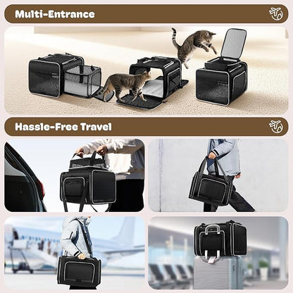 Top and 2 Sides Expandable Pet Carrier 17x11x9.5,TSA Airline Approved Small Dog Carriers for Small Dogs,Soft-Sided Cat Carrier with Self-Locking Zippers for Kitten,Rabbit,Puppy,Guinea Pig Black White