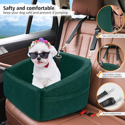 NEEZUKAR Dog Car Seat for Small Medium Dogs,Detachable Washable Dog Booster Seat Under 30lbs, Pet Car Seats Travel Bed with Storage Pockets and Safety Belt(Green)