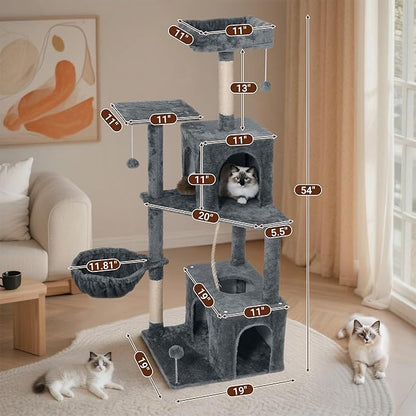 54 Inch Multi-Level Cat Tree Tower with Hammock, Condos & Scratching Posts, Large Cat Furniture for Indoor Cats with Pompoms, Dark Grey