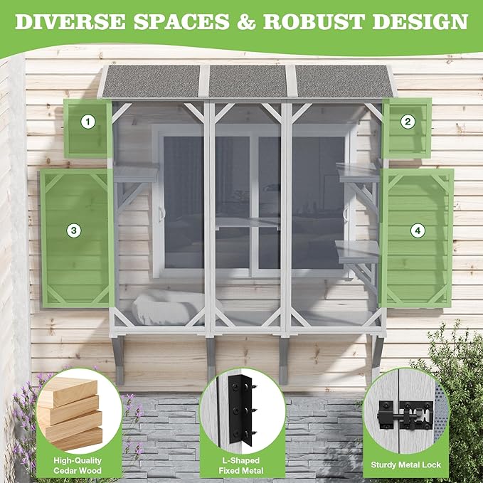 Large Catio Cat Window Box, Outdoor Cats Window Perchfor Indoor Cats with 4 Jump Platforms & 4 Doors, Comfortable Wooden Pet Perch House, Ultra-Fine Mesh Insect-Proof Screens, All-Weather Use