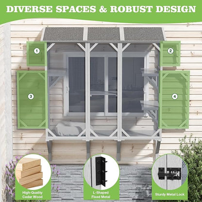 Large Catio Cat Window Box, Outdoor Cats Window Perchfor Indoor Cats with 4 Jump Platforms & 4 Doors, Comfortable Wooden Pet Perch House, Ultra-Fine Mesh Insect-Proof Screens, All-Weather Use