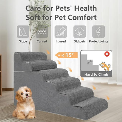 ABORON 6 Steps Dog Steps for High Bed, 25.5 Inch High Dog Stairs for Small Dogs, Waterproof Pet Stairs for Small Old Large Dogs and Cats with Removable Cover & PE Support Board for Bed/Car/Couch
