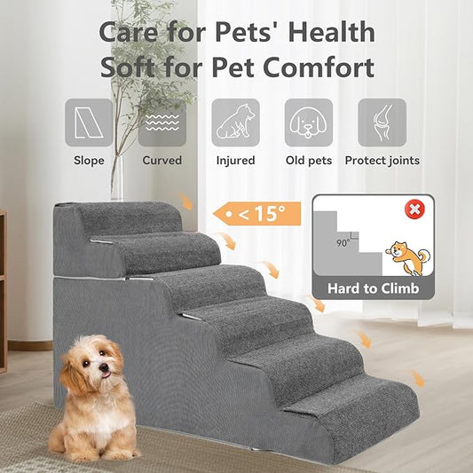 ABORON 6 Steps Dog Steps for High Bed, 25.5 Inch High Dog Stairs for Small Dogs, Waterproof Pet Stairs for Small Old Large Dogs and Cats with Removable Cover & PE Support Board for Bed/Car/Couch