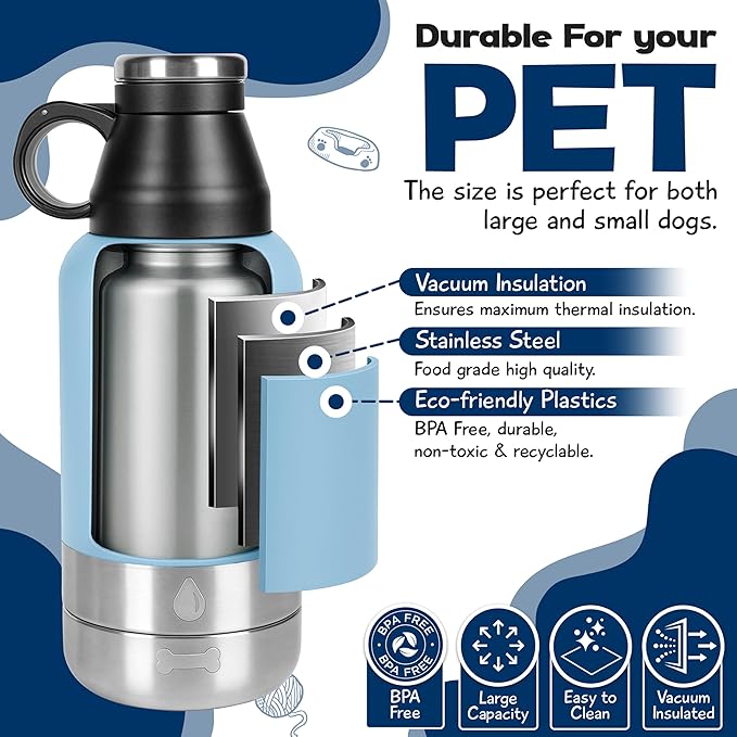 Portable Dog Water Bottle with 2 Removable Water Bowls for Dogs – Leak-Proof Portable Dog Water Bottle - Travel Accessories for Dogs - 32oz - Blue
