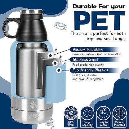 Portable Dog Water Bottle with 2 Removable Water Bowls for Dogs – Leak-Proof Portable Dog Water Bottle - Travel Accessories for Dogs - 32oz - Blue