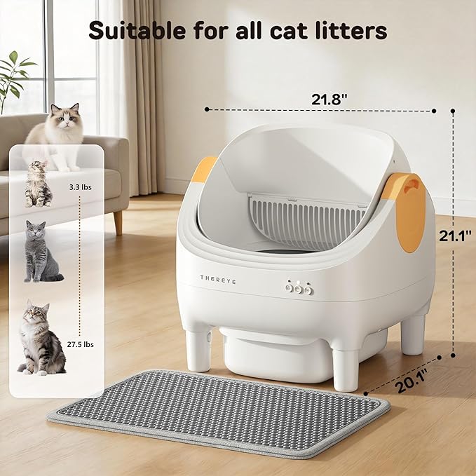 Thereye Self Cleaning Cat Litter Box, Open-Top Automatic Litter Box with APP Control, Safety Sensor and 10L Large Waste Bin, Smart Kitty Litter Boxes with Trash Bags and Mat for Multiple Cats