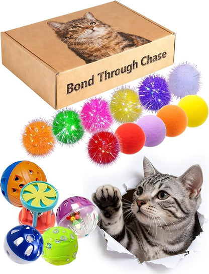 25 Cat Toys Balls Set Indoor Kitten Safe Colorful Plush & Bell Balls for Play Chase Hunt Interactive Entertainment (1.5'' - 2.2'')