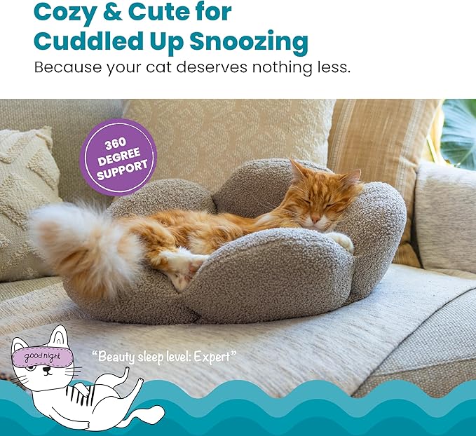 Catstages Purrfect Petals Flower Cat Bed with Plush Support and Raised Sides, Tan, 21 in - Secure, Soft, Comfortable Bed for Cats and Kittens