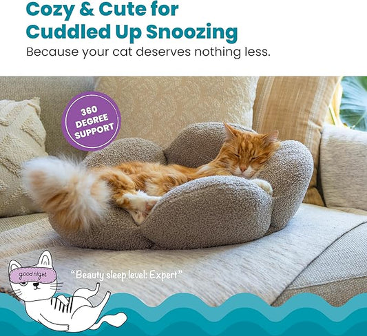 Catstages Purrfect Petals Flower Cat Bed with Plush Support and Raised Sides, Tan, 21 in - Secure, Soft, Comfortable Bed for Cats and Kittens