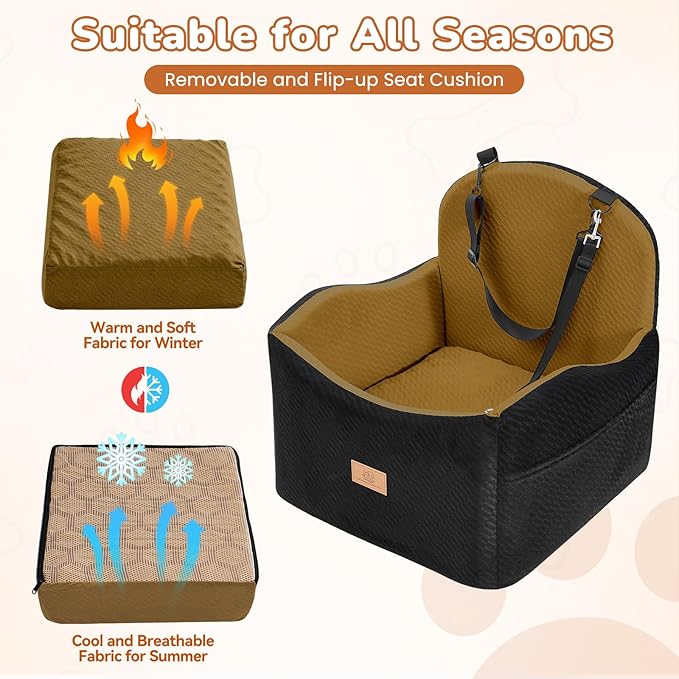 Dog Car Seat for Medium/Small Dogs, Dog Booster Car Seat, Pet Booster Seats Up to 40lbs with Waterproof Layer, 3 Storage Pockets and Safety Belt (Black/Brown)