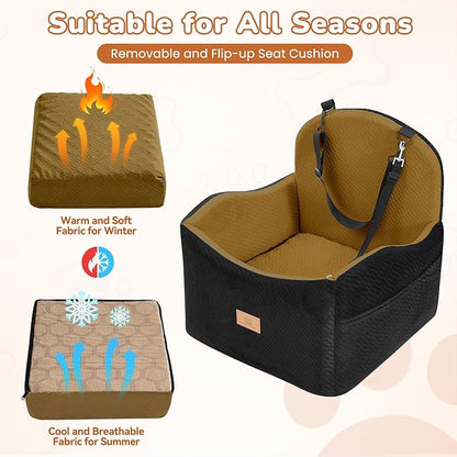 Dog Car Seat for Medium/Small Dogs, Dog Booster Car Seat, Pet Booster Seats Up to 40lbs with Waterproof Layer, 3 Storage Pockets and Safety Belt (Black/Brown)