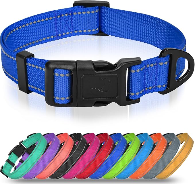 Joytale Dog Collar for Large Dogs, Strong Double-Sided Reflective Nylon Collar for Night Safety, Adjustable Quick-Release for Daily Walking, Navy Blue, L (1" Width)