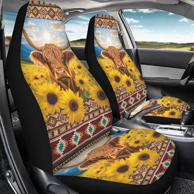 Sunflower Highland Cow Car Seat Covers Elastic Fabrics Waterproof Car Seat Cover Easy to Install Auto Interior Accessories 2 Pcs Set for SUV, Vans,Sedan,Truck